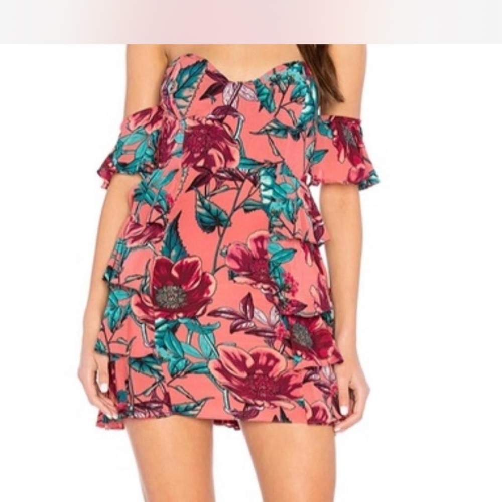 For Love And Lemons Pink and Blue Ruffled Mini Sundress